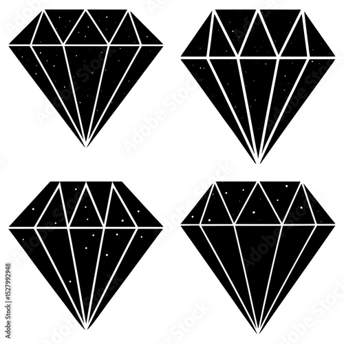 Four black and white diamonds with triangular facets and starlight patterns on a white background