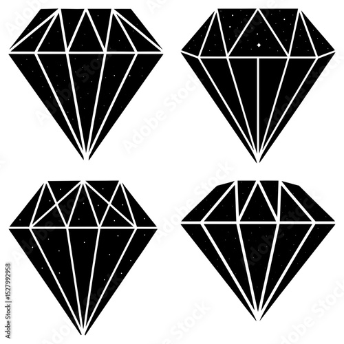 Four diamond illustrations with different facet patterns in black and white color scheme artfully arranged