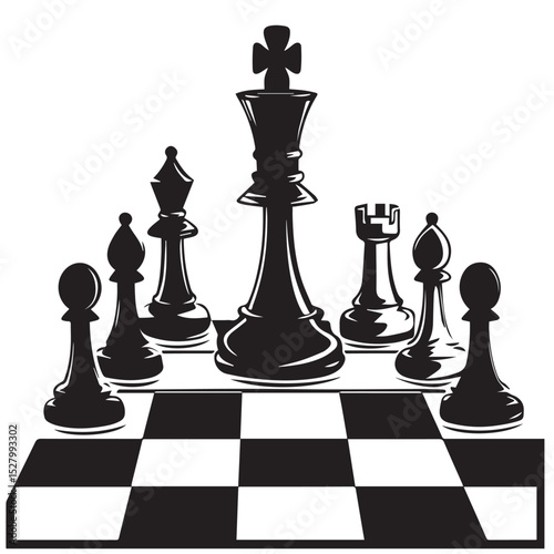 image of a chessboard with pieces, vector, black and white graphics
