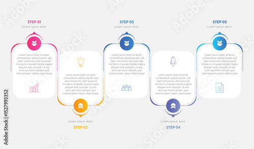 Modern Horizontal progress bar featuring 5 shaped elements, symbolizing the five stages of business strategy and progression. Clean timeline infographic design template. Vector for presentation