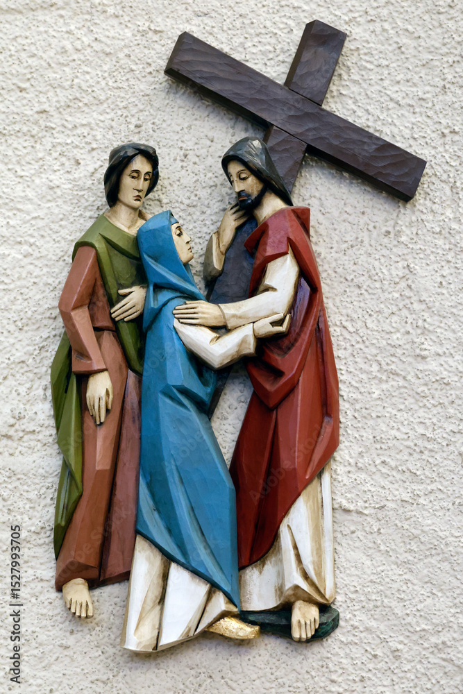 Fototapeta premium Way of the cross. 4th Station: Jesus meets his Mother Saint Julien en Genevois. France.