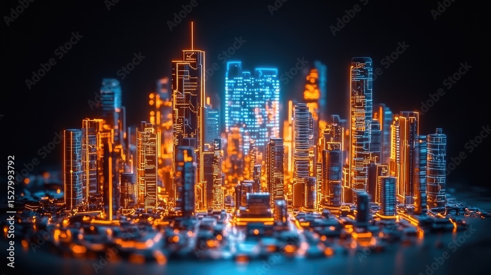 Obraz premium Futuristic city skyline with glowing lines.