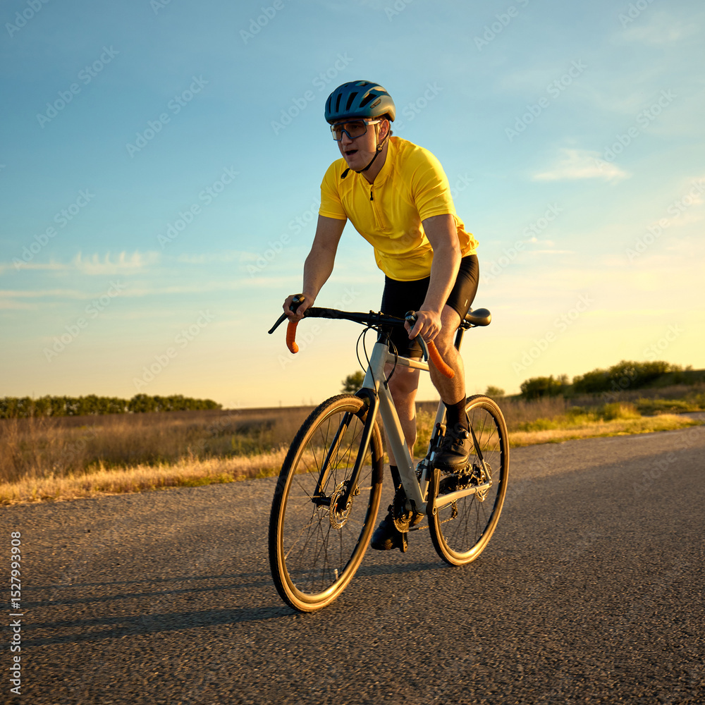 Athlete in yellow jersey pushes forward during road race practice, breathing hard as he powers across flat terrain under sunset. Concept of sport, cycling, competition, racing, training, intensity Athlete in yellow jersey pushes forward during road race practice, breathing hard as he powers across flat terrain under sunset. Concept of sport, cycling, competition, racing, training, intensity