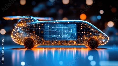 Futuristic vehicle with digital circuit design.