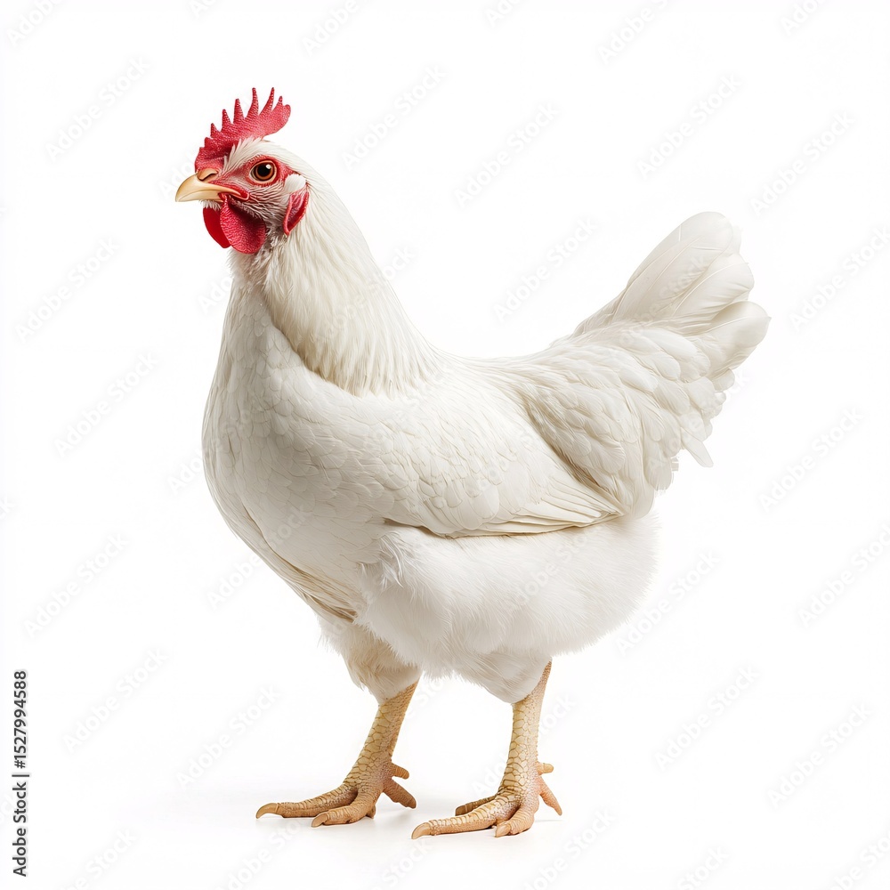 Fototapeta premium White Chicken Standing Proud with Red Comb and Wattles Against a Clean Background, Capturing the Simplicity, Farm Fresh Appeal, and Natural Beauty of This Domestic Poultry Breed