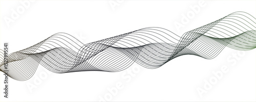 Abstract digital wave pattern consisting of smooth, flowing lines in a teal grey gradient. Waves curve and overlap fluidly, stretching horizontally across with soft.