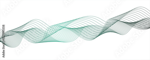 Abstract digital wave pattern consisting of smooth, flowing lines in a teal green gradient. Waves curve and overlap fluidly, stretching horizontally across with soft.