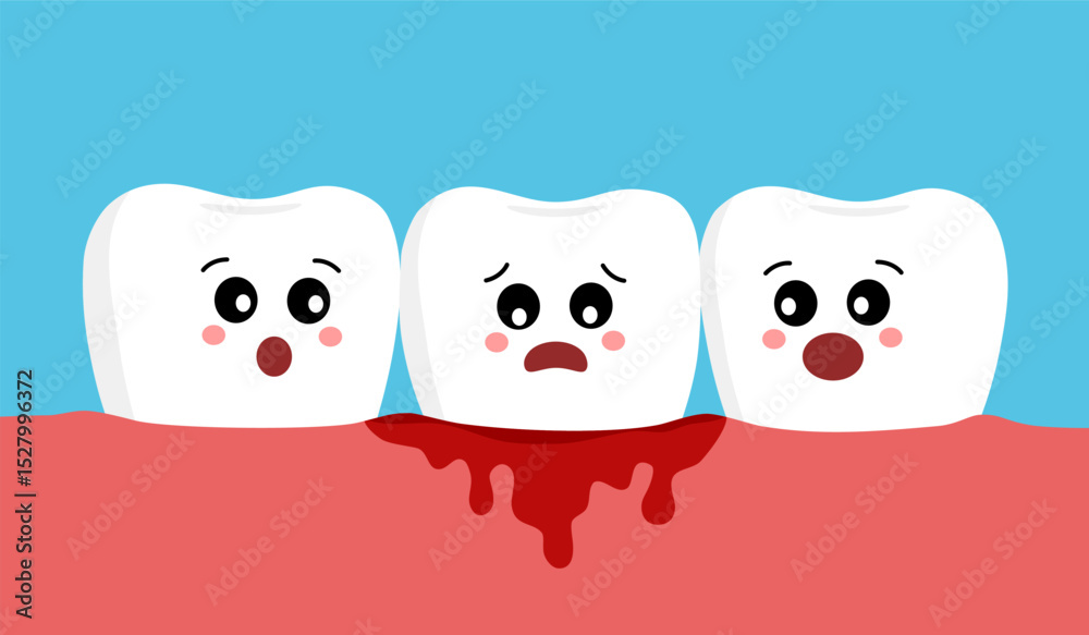 Fototapeta premium Cute cartoon tooth character with gum problem. Dental care concept, gingivitis and bleeding. Illustration