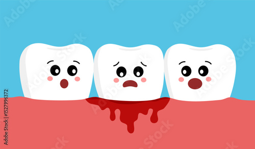 Cute cartoon tooth character with gum problem. Dental care concept, gingivitis and bleeding. Illustration