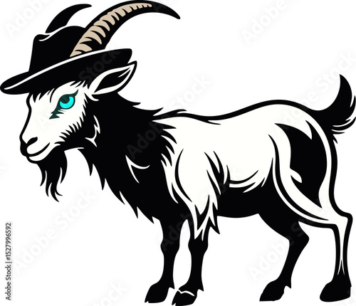 Stylish Goat with Hat and Blue Eyes - Vector Illustration