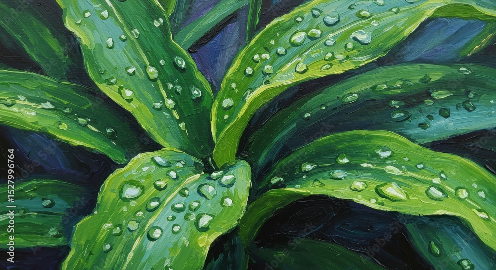 Obraz premium Vibrant green leaves covered in fresh, clear water droplets glistens in the dark