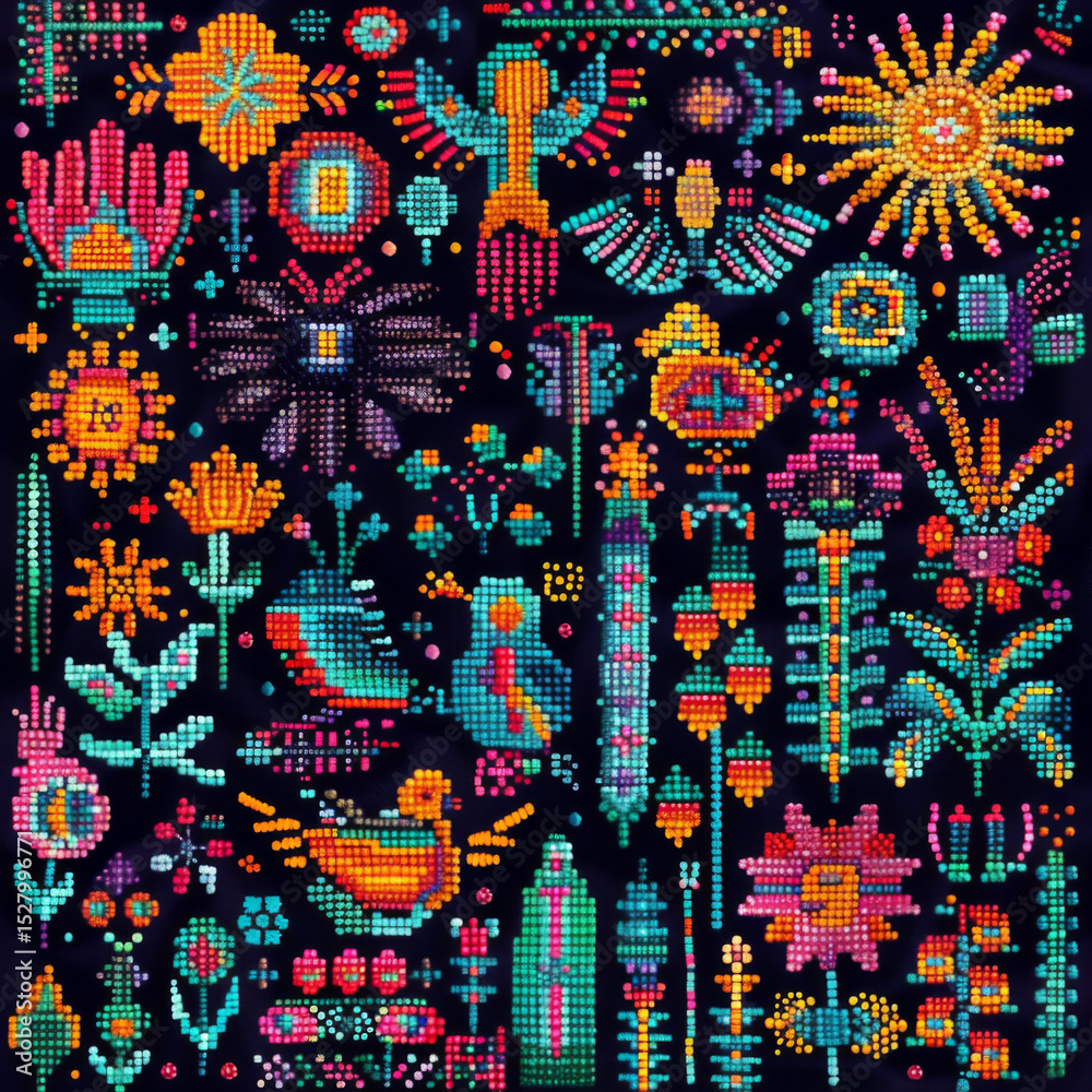 Fototapeta premium Mexican aztec sun stone with tribal face and colorful symmetrical pattern on black background