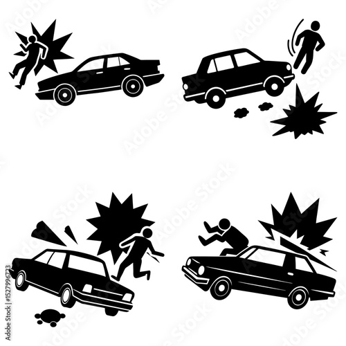 Four illustrations depicting car accidents with human figures and impact explosions in black and white style