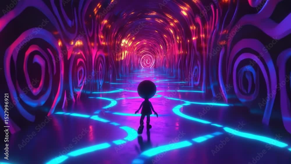 An animated character walks through a colorful, psychedelic tunnel with swirling patterns