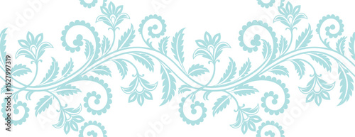 Delicate aqua floral border with intricate swirling leaves and elegant stems on a white background. Ideal for invitations, fabric, or decorative design use. Seamless botanical vector element.