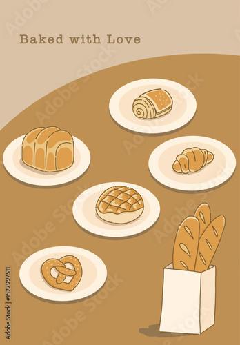 Variety of pastry baked goods shokupan, melon pan, pretzel, croissant, baguette, and danish roll on table design illustration editable for use