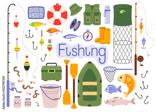 Fishing gear set. Fishery boat, hook, lure, bait, net marine, rod, reel, bobber, fish tackles in box, vest, boots. Angling and spinning equipment. Hand drawn flat vector illustration isolated