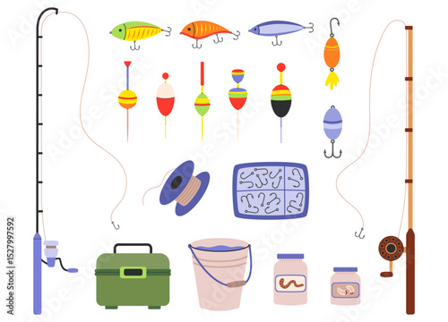 Fishing gear set. Hook, lure, bait, rod, reel, bobber, fish tackles in box. Angling and spinning equipment. Hand drawn flat vector illustration isolated on white background