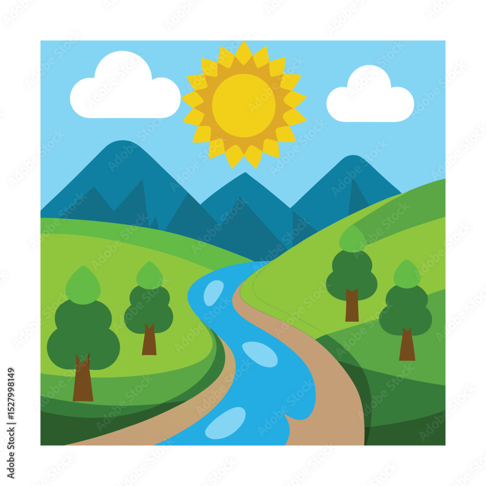 Fototapeta premium Cartoon River Landscape with Mountains and Trees