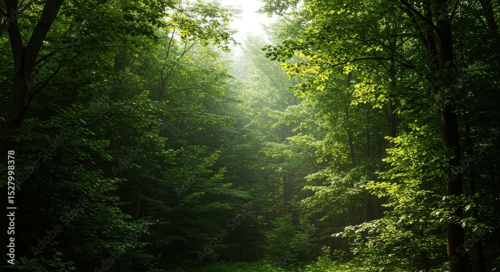 Obraz premium Forest scene with dense green trees and light filtering through, creating a tranquil vibe