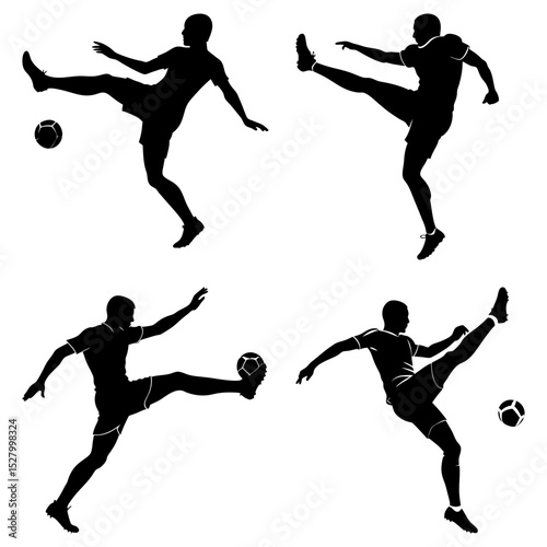 Silhouette illustration showing four soccer players kicking soccer balls in various action poses and angles
