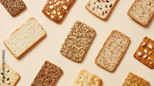 Varieties of flatbread and whole grain toast arranged as background