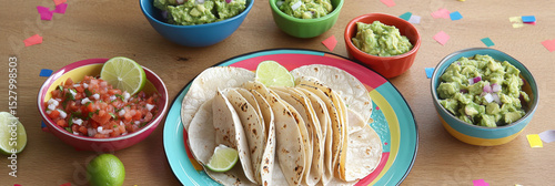 Cinco de Mayo tacos presented with traditional Mexican garnishes, background