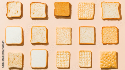 Various sliced breads and crackers arranged in grid pattern on orange background