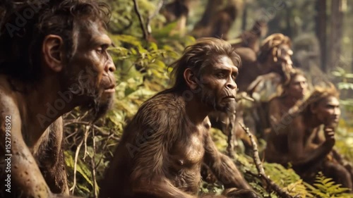 primitive hominid group navigating the lush, verdant forest landscape of their natural habitat. inicio de la humanidad primitiva con homo sapiens