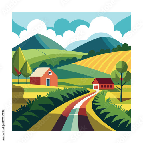 Colorful Farmland with Barns and Rolling Hills

