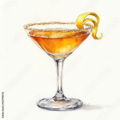 Sidecar cocktail with amber liquid and lemon twist garnish in sugar-rimmed martini glass. Watercolor illustration on white background. Classic cocktail recipe concept. 