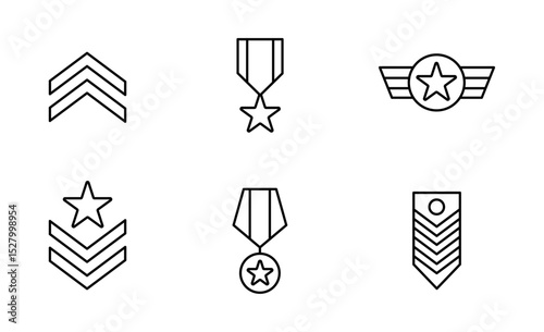 Set of Military Ranks icon, Army Rank, Military Badge Symbol Outline icon, Editable Stroke