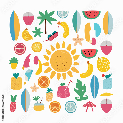 Vibrant Summer Beach Pattern Sun, Surfboards, and Tropical Fruits Illustration