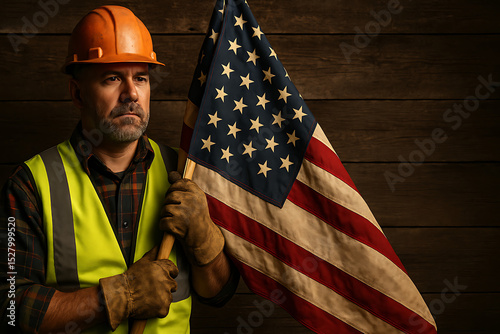 American worker construction with flag labor day patriotic