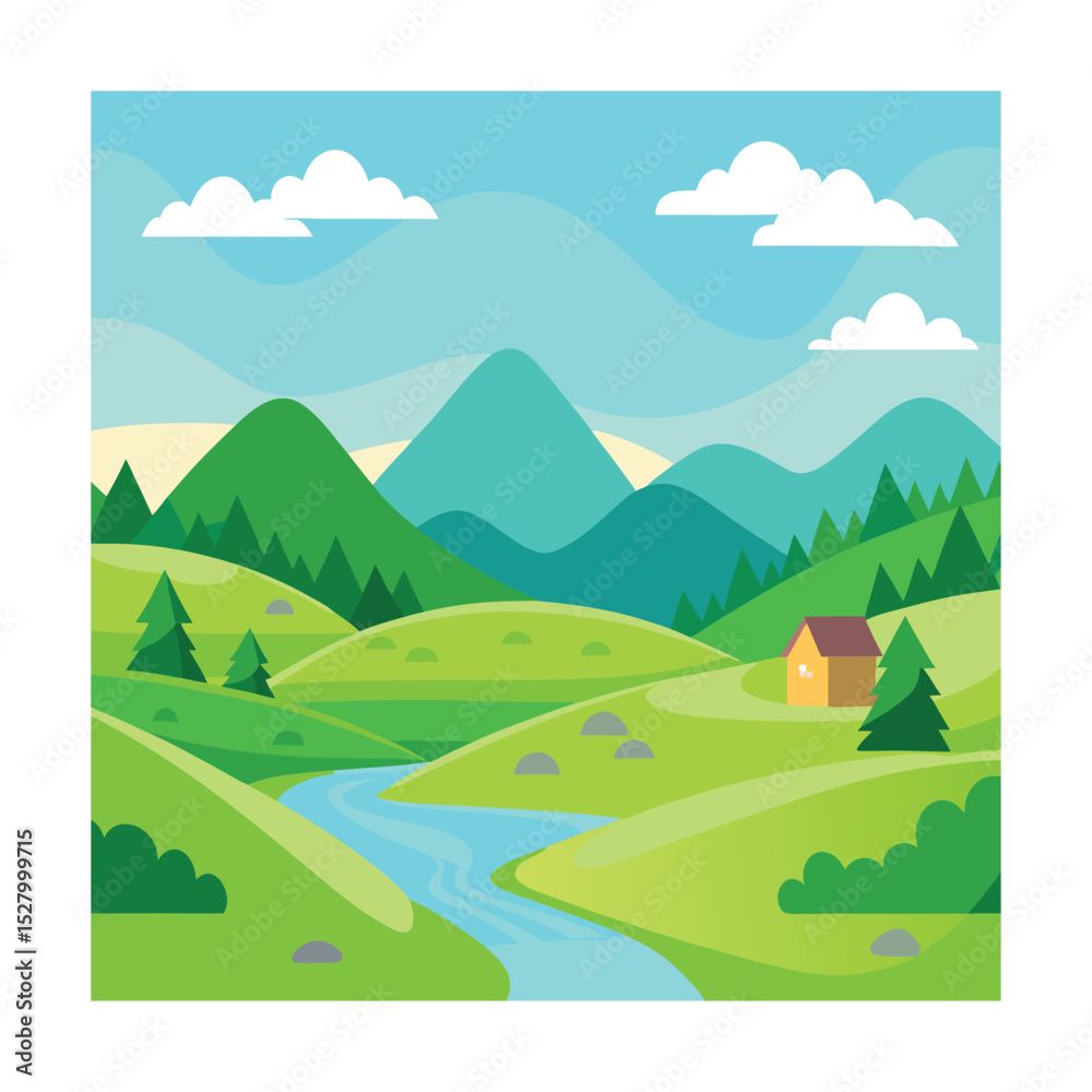 Obraz premium Peaceful Cartoon Valley with River, Mountains, and Cabin