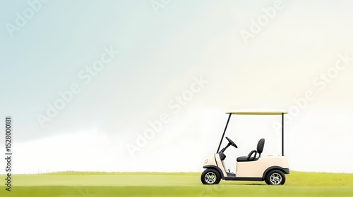 A white golf cart on a lush green golf course against a bright blue sky.  Concept of leisure, sport, and relaxation.