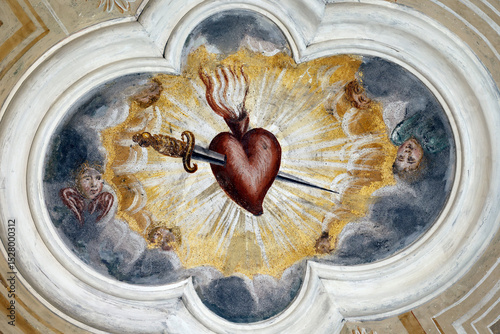 Saint Jean Baptiste church.  Mural painting by F Mucengo. Sacred Heart of Jesus.  Megeve.France.
