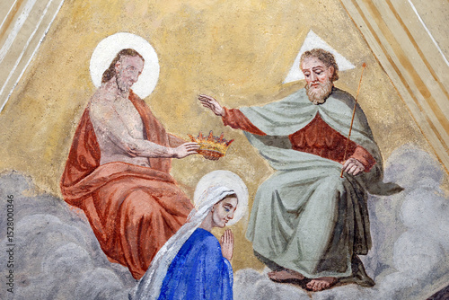 Saint Jean Baptiste church.   The Coronation of the Virgin in Heaven. Mural painting by F Mucengo. Megeve.France.