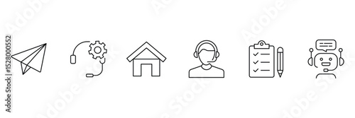 Customer support home service tools chatbot checklist communication gear headset call assistance paper plane icon vector illustration.