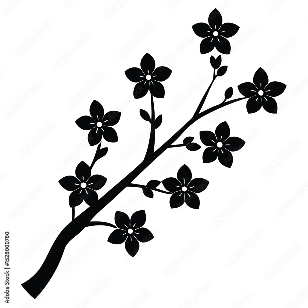 Fototapeta premium Black silhouette of a flowering branch isolated on white background