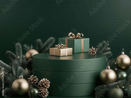 vibrant image of Luxury product podium display with Christmas decorations on dark green background. . high detail 8k