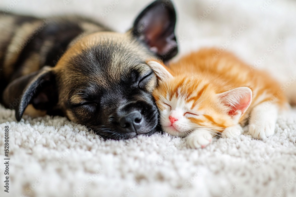 Obraz premium Adorable Puppy and Kitten Sleeping Together on a Soft White Carpet, Capturing Warmth, Comfort, and the Heartwarming Bond Between Two Different but Loving Animal Companions