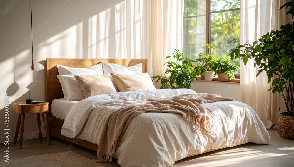 Fototapeta premium unmade bed with soft linen sheets, morning light casting shadows through sheer curtain