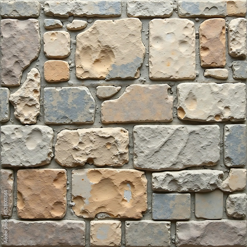 Close-up view of a detailed stone wall texture, featuring varied shapes and colors