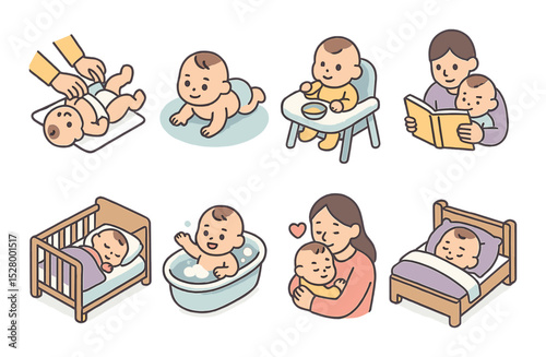Daily routine isometric set. morning diaper change, tummy time, snack time, story time, afternoon nap, evening bath, cuddle moment, bedtime