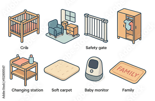 Future home setup isometric set. crib, nursery room, safety gate, baby closet, changing station, soft carpet, baby monitor, family welcome mat