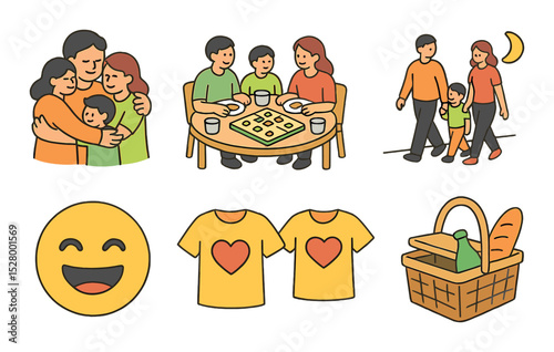 Family bonding moments isometric set. group hug, shared meal, board game, storytelling book, evening walk, laughter emoji, matching shirts, picnic basket