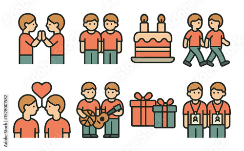 Twin connection isometric set. mirror pose, matching clothes, twin birthday cake, synchronized steps, heart line between heads, shared hobby icons, duo