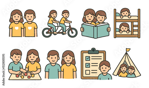 Sibling relationships isometric set. matching clothes, tandem bike, shared storybook, bunk bed, team game, group photo frame, shared chore chart, play tent