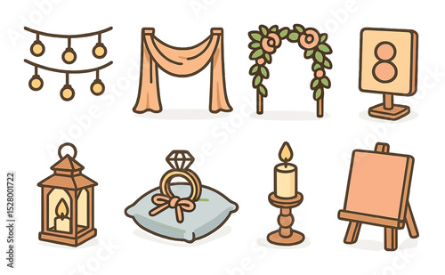 Wedding decor isometric set. fairy lights, draped fabric, floral garland, table number, lantern, ring pillow, candle holder, welcome board